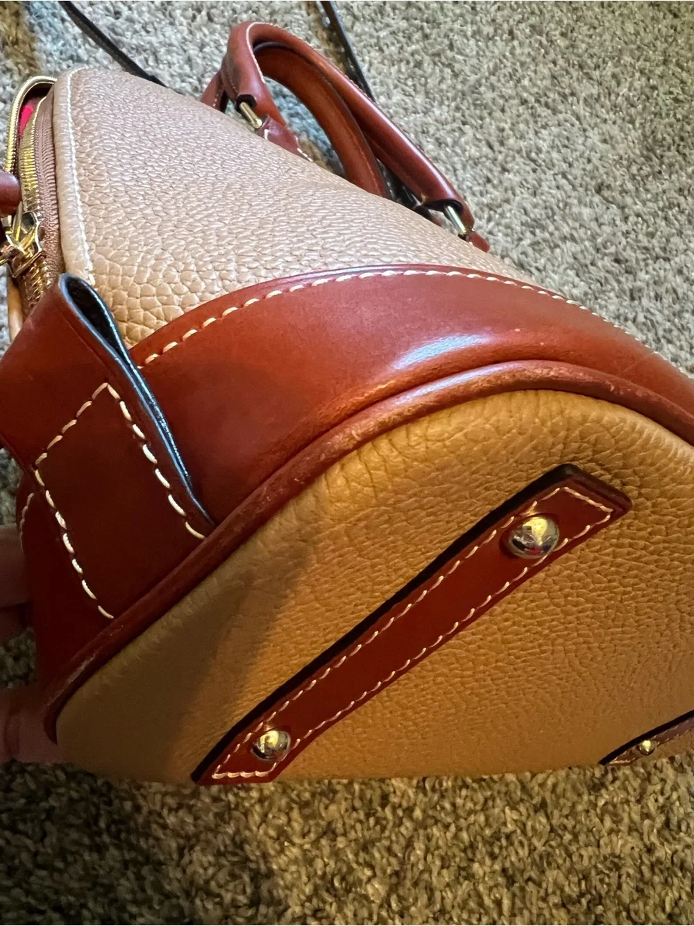 Dooney & Bourke Pebble Leather Satchel - Beige Body with Brown Trim